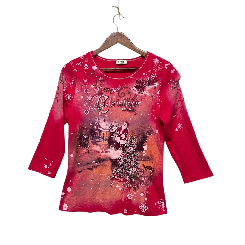 Vtg Y2K 90s Christmas Sz M Women All Over Print Top 3/4 Sleeve Holiday USA Santa